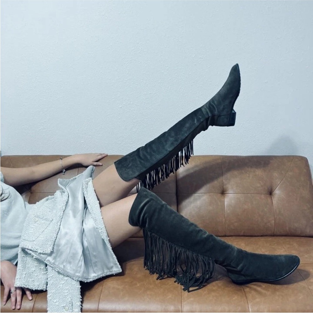 WORN ONCE Stuart Weitzman Black Suede Fringe 5050 Over-the-Knee Boots Mane - Picture 11 of 11